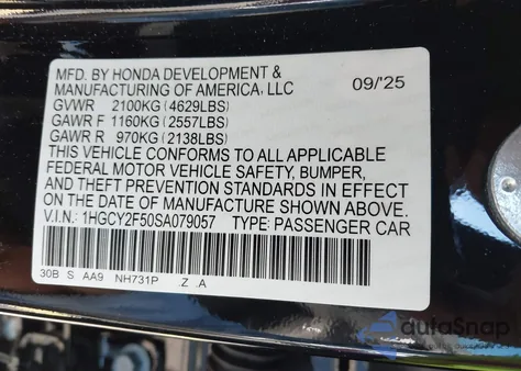 2025 Honda Accord Hybrid Sport из США, поврежденный, VIN 1HGCY2F50SA079057